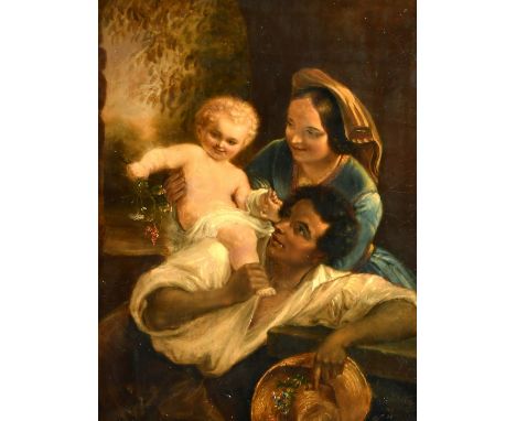 19th Century Continental School, a study of a family group, oil on board possibly over a print base, indistinctly signed, 13"