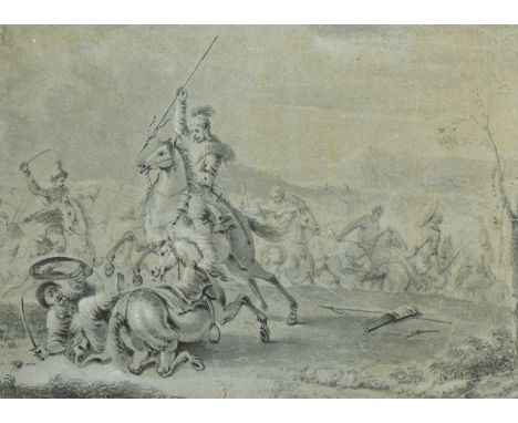 18th Century pencil sketch, possibly Gabriel Bodenehr the Elder (1664-1758), A battle scene with men on horses, 10.5" x 15.75