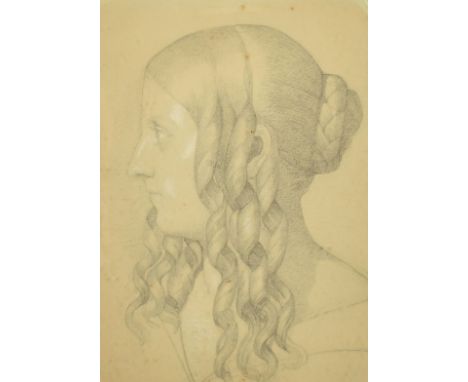Nazarene style (19th Century), Portrait of a lady in profile, pencil drawing with white chalk touches, 12.5" x 9.25", (31x23.