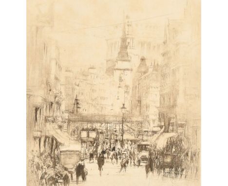 William Walcot (1874-1943) A London street scene, etching, signed in pencil, 5.5" x 5", (14x12.5cm).