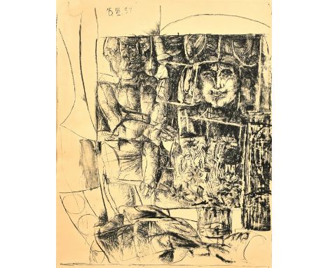 Manner of Picasso, face and other motifs, dated 15 VII 57 in the stone, lithograph, 18.5" x 15", (47 x 38cm).