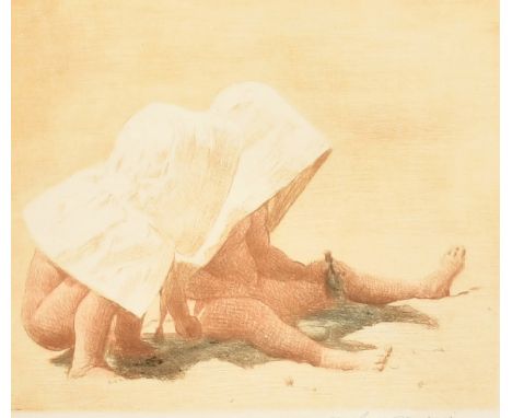 Mortimer Menpes (1855-1938) British, 'Bonnets', two children on a beach, colour etching, signed in pencil, along with three f