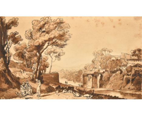 After J.M.W. Turner, The woman and tambourine, sepia ink, a copy after Thomas Lupton's etching, 7.75" x 12.75", (19.5x32.5cm)