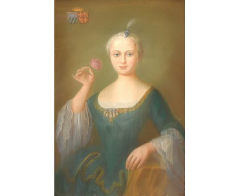 A 19th Century Continental School pastel portrait of lady holding a flower with a coat of arms top left, 30" x 20", (76 x 51c