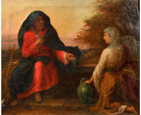 19th Century English School, figures by a well at dusk, along with a portrait of a man holding a staff verso, possibly painte