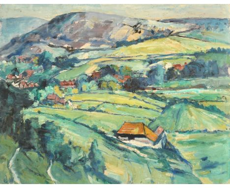 Modern British, A landscape with a village in a valley, oil on board, initialled, and with an unrealized sketch verso, 24" x 