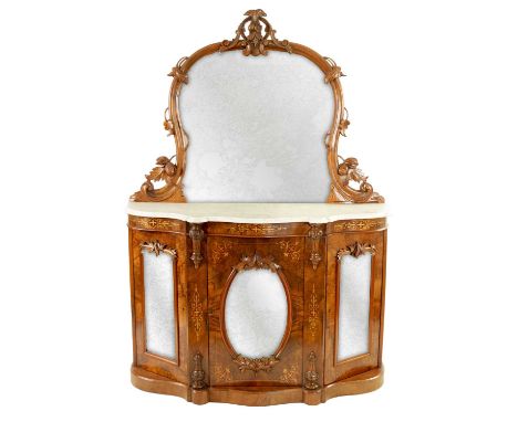 A VICTORIAN BURR WALNUT AND MAHOGANY MIRROR BACK CREDENZA OF SMALL PROPORTIONS the shaped mirror with carved foliage decorati