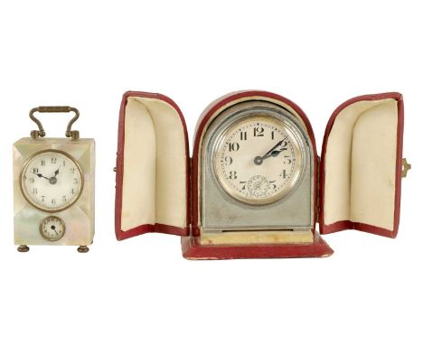 TWO EARLY 20TH CENTURY BOUDOIR CLOCKS the humpback chrome plated brass cased example enclosing a silvered dial with Arabic nu