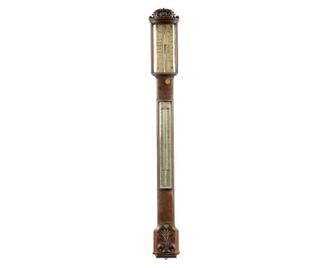 GARDNER &amp; CO. GLASGOW. AN EARLY 19TH CENTURY FIGURED MAHOGANY BOW FRONT STICK BAROMETER the leaf carved pediment and glaz