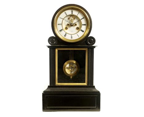 A 19TH CENTURY FRENCH BLACK SLATE MANTEL CLOCK the drum head case with glazed pendulum aperture and panelled plinth base. The