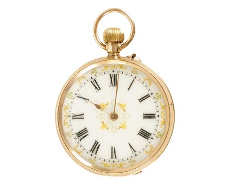 AN EARLY 20TH CENTURY 9 CARAT GOLD FOB WATCH the fine foliate engraved open face case enclosing an enamel dial with gilt flor