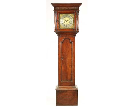 JONAS BARBER (WINSTER) FECIT. A GOOD EARLY 18TH CENTURY PRE NUMBERED OAK EIGHT-DAY LONGCASE CLOCK the 11" sqaure brass dial w