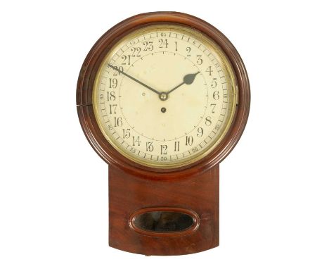 AN UNUSUAL 19TH CENTURY 24 HOUR 12” FUSEE DROP DIAL WALL CLOCK with painted dial and spun brass bezel fronting an eight-day f