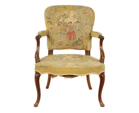 AN 18TH CENTURY MAHOGANY HEPPLEWHITE DESIGN OPEN ARMCHAIR with original tapestry upholstery, the scrolled sweeping arms on a 