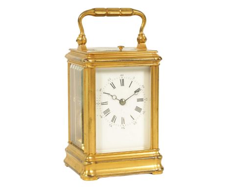 DROCOURT, PARIS. A SMALL LATE 19TH CENTURY FRENCH BRASS GORGE CASED REPEATING CARRIAGE CLOCK the gilt moulded case enclosing 