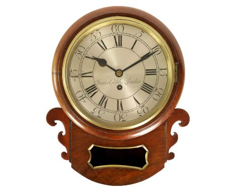 JAMES GIBB, LONDON. A 19TH CENTURY 8” SILVERED DIAL FUSEE WALL CLOCK the figured mahogany case with scroll carved ears and br