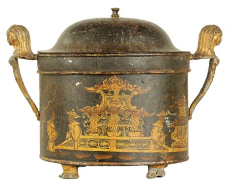 A REGENCY CHINOISERIE TOLEWARE TEA CADDY with domed lid and gilt sphinx handles, the body decorated with Oriental scenes and 
