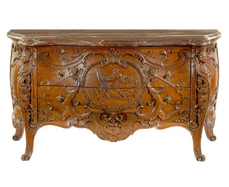 A FINE LATE 18TH/EARLY 19TH CENTURY FRENCH CARVED OAK COMMODE OF GOOD PROPORTIONS the thick cut rouge marble top with moulded