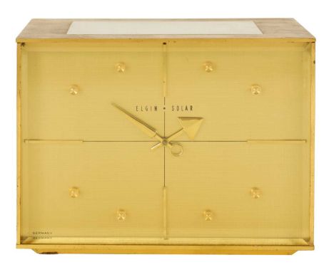 A VINTAGE GERMAN LAQUERED BRASS SOLAR CLOCK BY ELGIN having a gilt rectangular dial with baton quarter hour markers fronting 