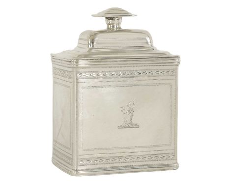 A GEORGE IV SILVER TEA CADDY with stepped lid and square body, engraved with wheatear border and coat of arms - Exeter 18249c