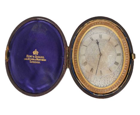 ATT. TO THOMAS COLE. A 19TH CENTURY CASED ENGRAVED GILT BRASS STRUT CLOCK RETAILED BY HUNT AND ROSKELL, LONDON the engraved o