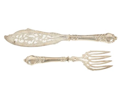 A VICTORIAN CASED SILVER FISH SERVING SET with engraved pierced blades - Birmingham 1849 by John Gilbertthe knife 33.5cm over