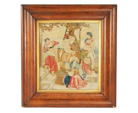 A 19TH CENTURY POLLARD OAK CUSHION FRAME WITH TAPESTRY PANEL depicting a classical figural scene.98cm high 89cm wide 