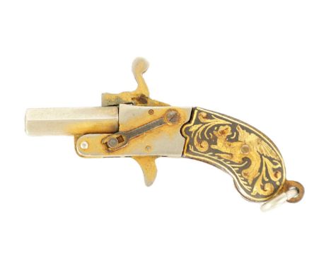A 19TH CENTURY MINIATURE PISTOL WATCH FOB with hinged hexagonal barrel and functioning hammer with Damascus butt.40mm long