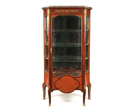 A FINE 19TH CENTURY FRENCH LOUIS XVI STYLE AMBOYNA AND KINGWOOD ORMOLU MOUNTED VITRINE of shaped concave sided form with inse