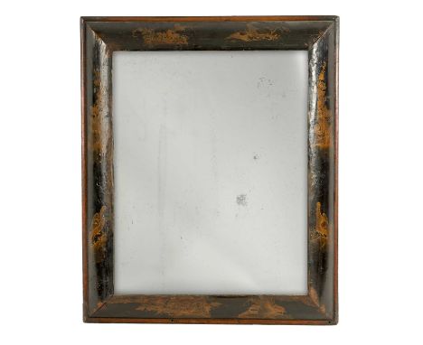 A LATE 17TH CENTURY CHINOISERIE DECORATED LACQUERWORK CUSHION MOULDED HANGING MIRROR decorated with gilt birds and foliage on