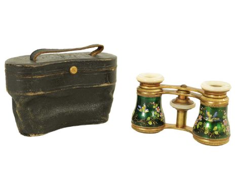 A PAIR OF ORMOLU AND GREEN ENAMEL OPERA GLASSES with turned mother of pearl eyepieces and adjuster, the bodies painted with b