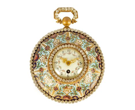 A LATE 19TH CENTURY FRENCH ORMOLU AND CHAMPLEVE ENAMEL STRUT CLOCK with paist stone border and moulded champleve enamel frame