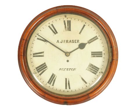 A 19TH CENTURY 14" MAHOGANY FUSEE DIAL WALL CLOCK SIGNED A.J. FRASER PRESTON the 14" painted flat dial with Roman numerals an