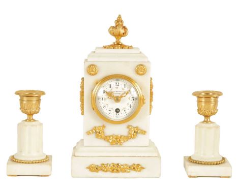 A SMALL LATE 19TH CENTURY FRENCH ORMOLU MOUNTED WHITE MARBLE CLOCK GARNITURE SET with stepped pediment surmounted by a gilt b