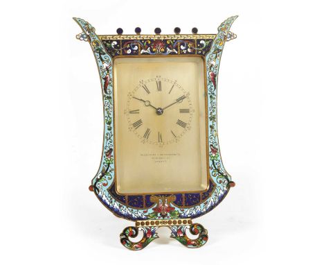 A LATE 19TH CENTURY FRENCH CHAMPLEVE ENAMEL STRUT CLOCK retailed by Goldsmiths &amp; Silversmiths Co. 112 Regent Street, Lond
