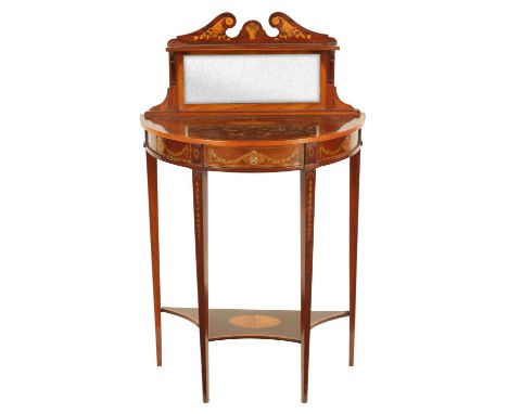 AN EDWARDIAN INLAID MAHOGANY DEMI LUNE SIDE TABLE with finely inlaid swag work and floral decoration. The superstructure with
