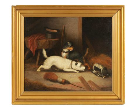 CIRCLE OF GEORGE ARMFIELD 19TH CENTURY OIL ON CANVAS barn scene with two dogs chasing a rat.51cm high 61cm wideThe painting h