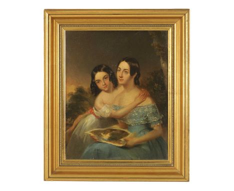 A 19TH CENTURY PORTRAIT OIL ON CANVAS LAID ON WOOD PANEL depicting a mother and daughter in a garden setting - unsigned, in g