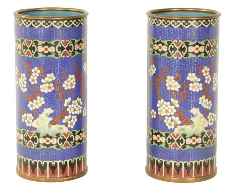 A PAIR OF 19TH CENTURY CHINESE CLOISONNÉ ENAMEL CYLINDRICAL VASES decorated with flowering trees and banded geometric designs