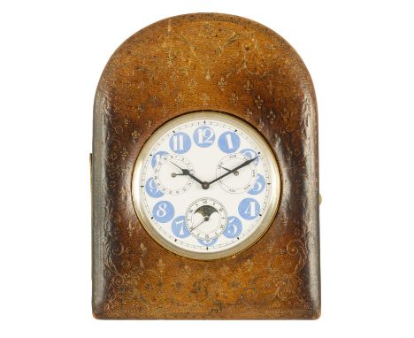 A 19TH CENTURY GOLIATH OPEN FACE POCKET WATCH WITH DOUBLE CALENDAR IN ORIGINAL CASE the arched tooled leather display case wi