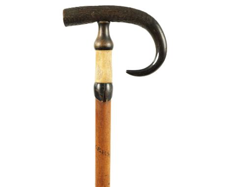 A 19TH CENTURY SWISS HORN HANDLED WALKING STICK with interchangeable handle/hook
