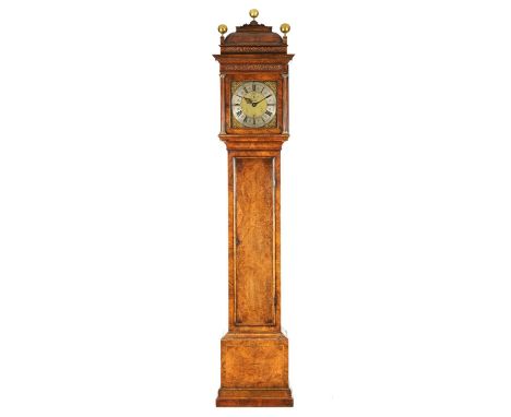 THOMAS WIGHTMAN, LONDON. A FINE QUEEN ANN BURR WALNUT MONTH DURATION LONGCASE CLOCK the hood surmounted by three brass ball f