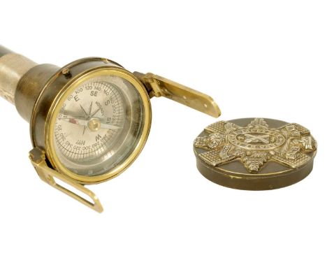 AN UNUSUAL EARLY 20TH CENTURY MILITARY WALKING STICK/COMPASS WITH GLASGOW HIGHLANDERS BADGE TO THE COVER The Glasgow Highland