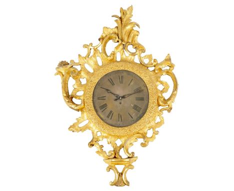 AN ENGLISH GEORGE III GILT CARTEL CLOCK with rococo style leaf carved surround enclosing a 12" silvered dial with Roman numer