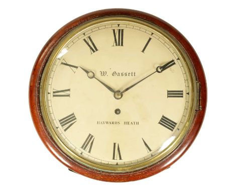 A REGENCY 10" CONVEX DIAL FUSEE WALL CLOCK the mahogany case with slim moulded surround and cast brass bezel enclosing a 10" 