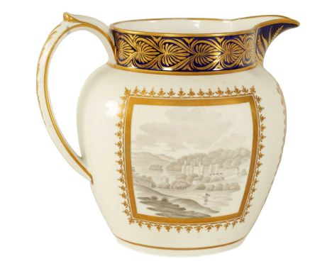 A GOOD EARLY 19TH CENTURY SPODE JUG OF LARGE SIZE decorated sepia landscape panels with fishermen within gilt borders; the ro