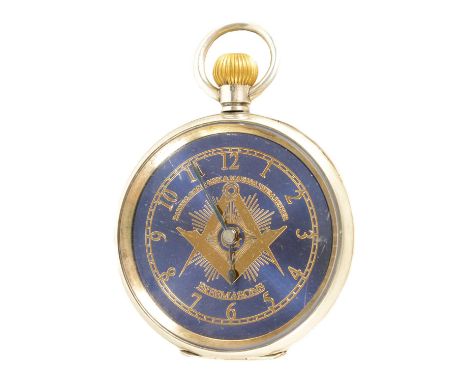 AN EARLY 20TH CENTURY SILVER OPEN FACE MASONIC POCKET WATCH the blue enamel and gilt dial with Arabic numerals and Masonic em