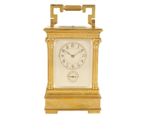 A RARE OVERSIZED LATE 19TH CENTURY FRENCH GILT BRASS WESTMINSTER QUARTER CHIMING REPEATING CARRIAGE CLOCK the silvered masked