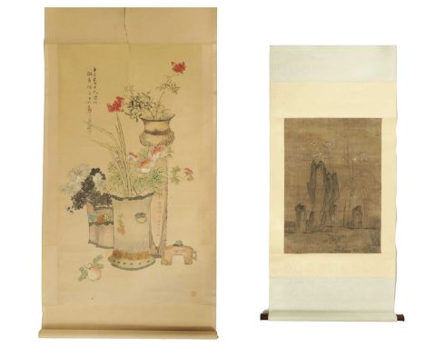 TWO EARLY 20TH CENTURY CHINESE WATERCOLOURS one large example depicting vases of flowers - with script and signature seal mar