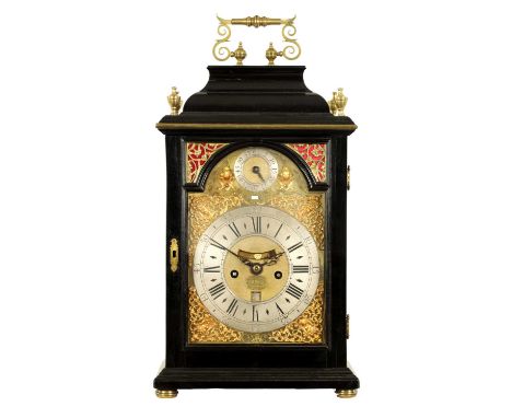 DANIEL DELANDER, LONDON. A FINE EARLY 18TH CENTURY EBONY VENEERED PULL QUARTER REPEATING BRACKET CLOCK the inverted bell top 